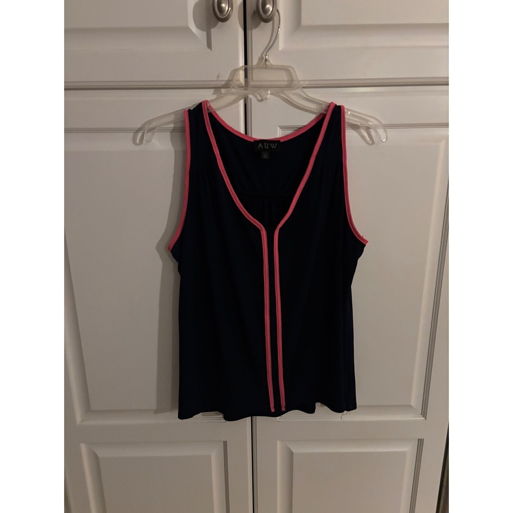 AUW Womens Navy Blue‎ Sleeveless Tank Top Pink Contrast Trim Split Neck Large